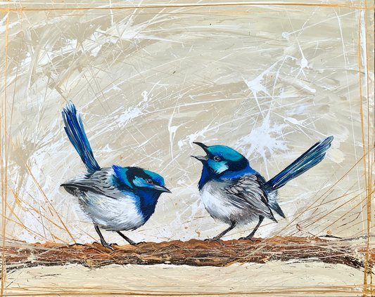 *SOLD* Hope - Blue Wren's Song (Australian Native Male Superb Blue Wrens, acrylic on canvas - Size: 41cm x 51cm