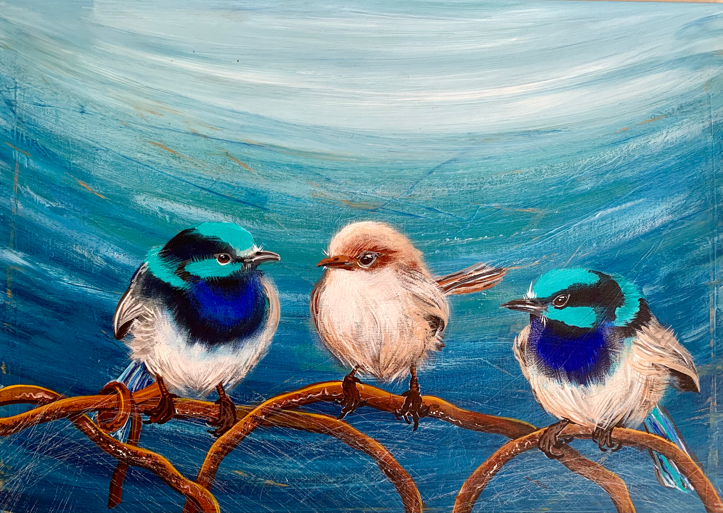 *SOLD - AVAILABLE IN PRINT* Superb Fairy Wrens on Barbed Wire, acrylic on paper. Size: landscape 30cm x 42cm (A3)