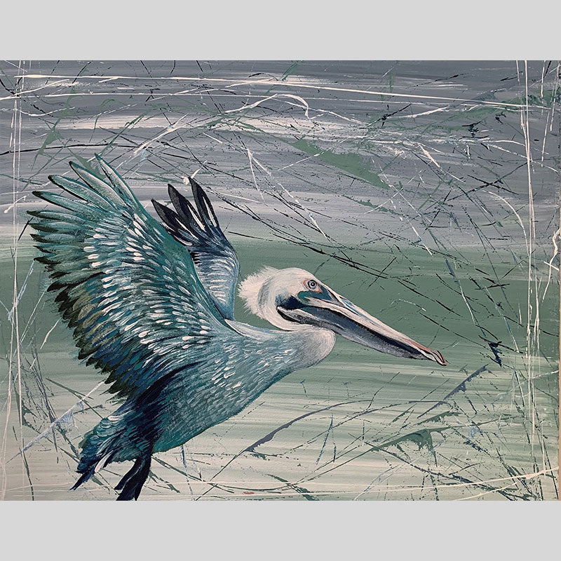 *SOLD - AVAILABLE IN PRINT* Green Pelican in Flight, acrylic on canvas. Size: L 40.6cm x W 50.8cm x H 1.5cm