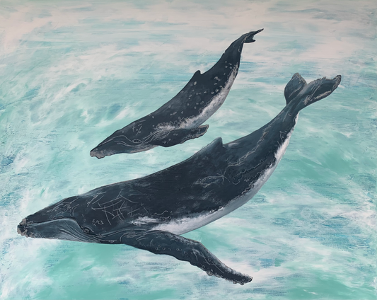 SOLD Humpback Whale and her Calf, (*SAMPLE only) - acrylic and pen on canvas. H 61cm x W 76cm