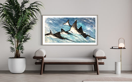 SOLD Soar (Spotted Eagle Rays, Ningaloo Reef WA) Size: landscape 46cm x 92cm