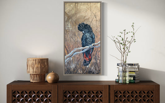 *SOLD* Female Red-Tailed Black Cockatoo with Earth Background, acrylic on canvas.