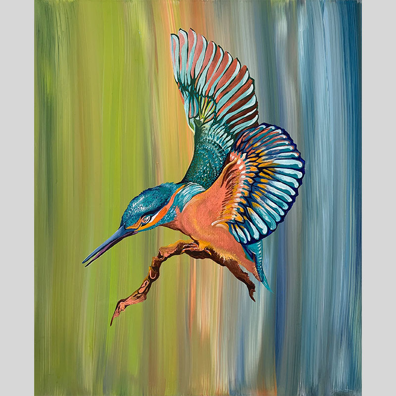 SOLD Kingfisher Strike - acrylic on canvas. Size: L 61cm x W 51.5cm