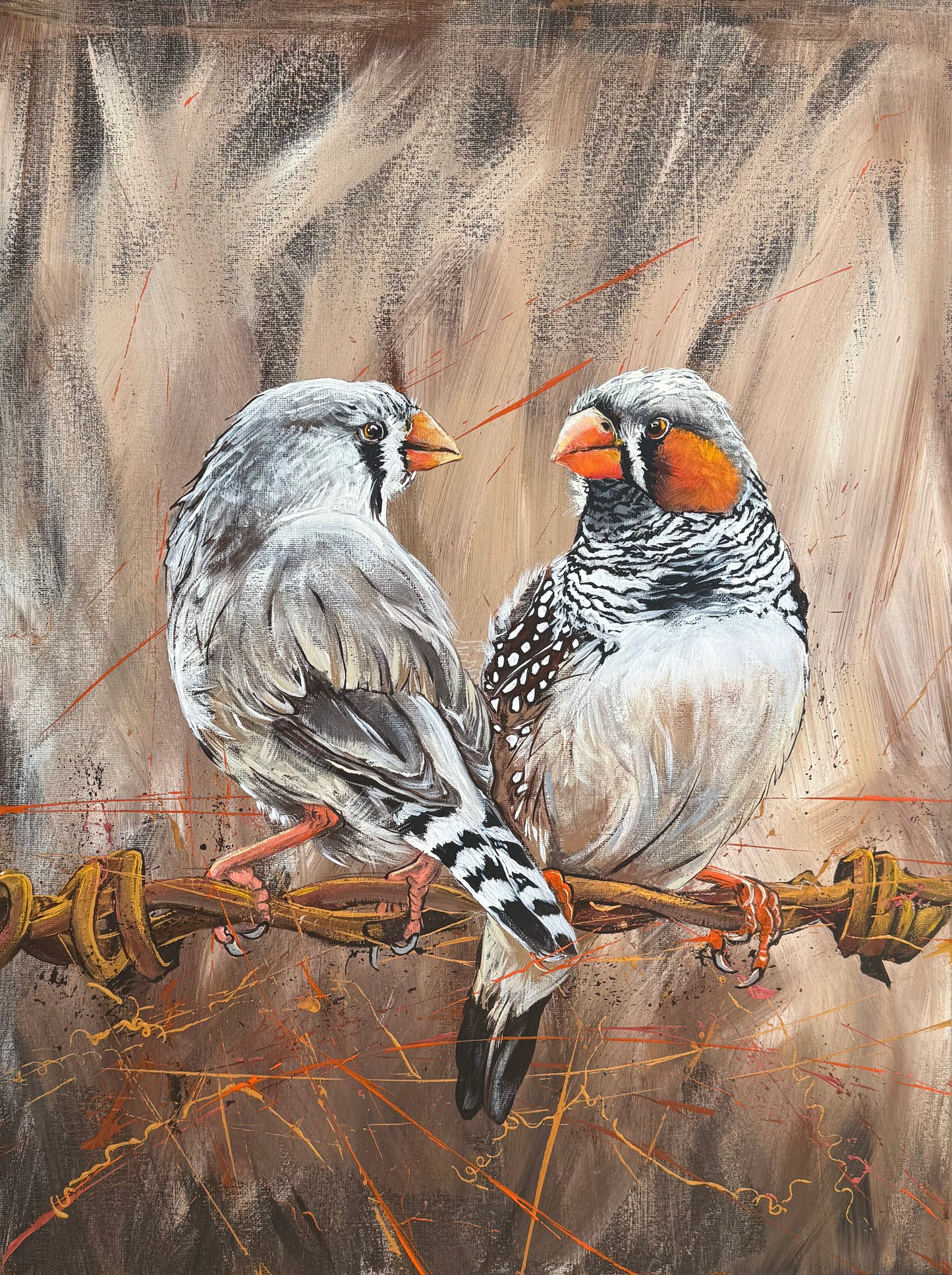 SOLD (Prints Available) - ORIGINAL ARTWORK "Lovebirds" - the courtship of the Zebra Finches, acrylic on canvas