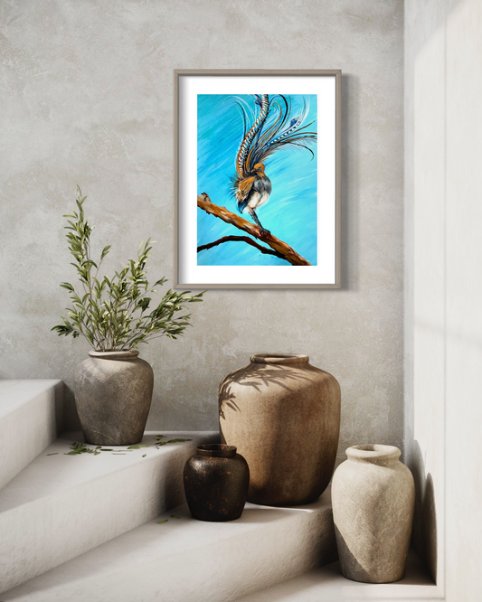 Lyre Bird on Branch, acrylic on art paper. Size: 42cm x 30cm (A3)