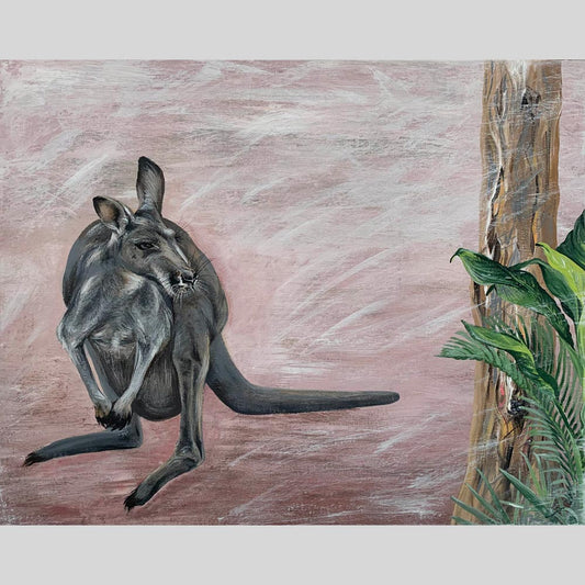 Mumma with Joey in Pouch, acrylic on canvas. Size: L 40.6cm x W 51cm x H 1.5cm