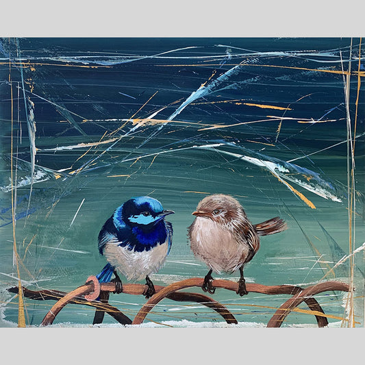 SOLD Native Superb Fairy Wrens *SAMPLE only - acrylic on canvas. Size: L 40.6cm x W 50.8cm x H 1.5cm