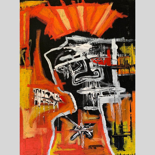 *SOLD* Orange Man, acrylic and oil pastel on canvas. Size: H 40cm x W 30cm x H 1.5cm