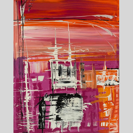 Orange and Pink Squares, acrylic and oil pastel on canvas. Size: H 51cm x W 41cm x H 1.5cm