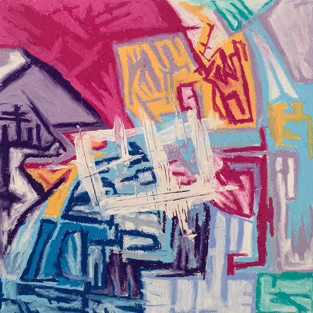 Pink and Purple Squares, acrylic and oil pastel on canvas. Size: H 40.5cm x W 40.5cm x H 3.5cm