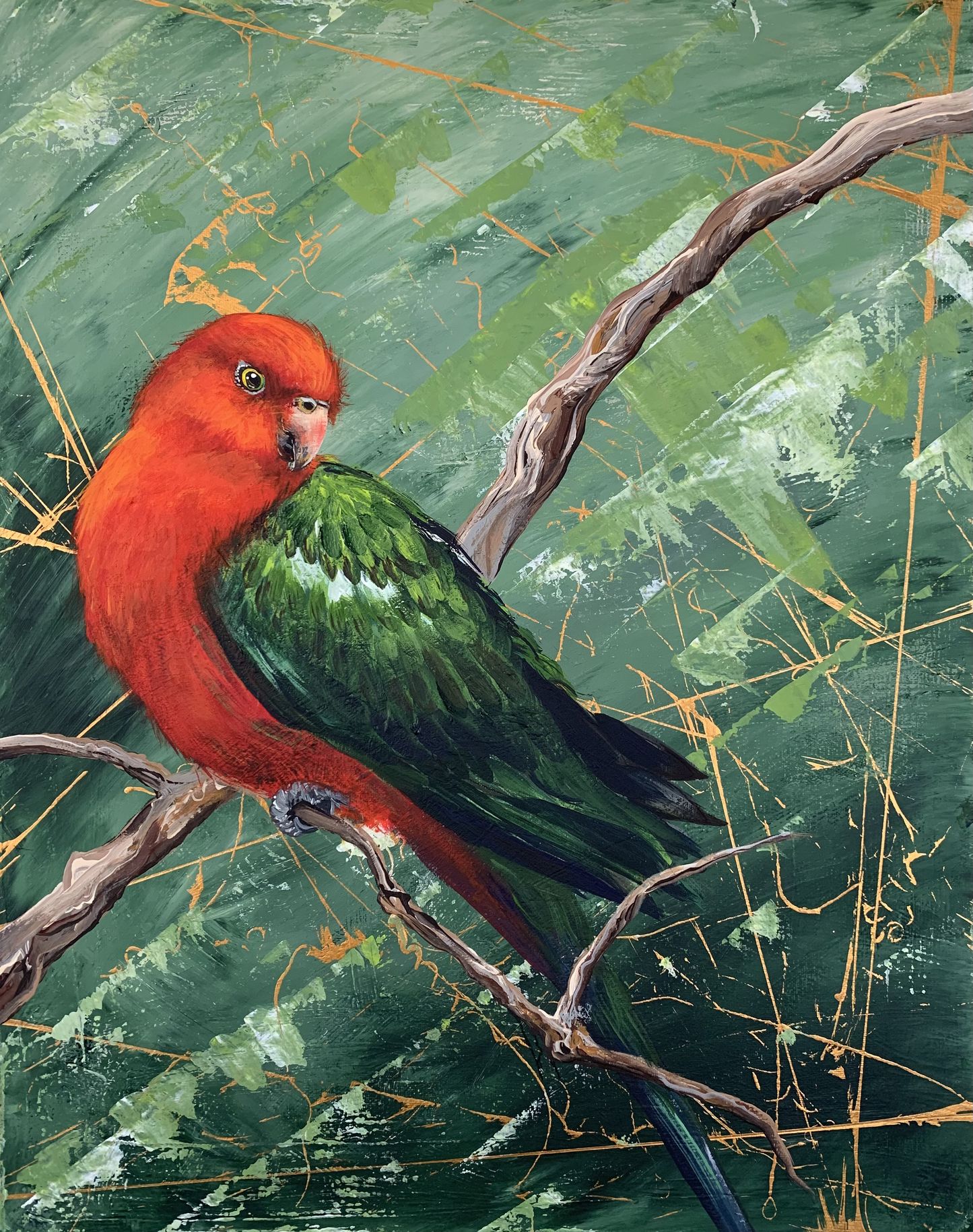 SOLD Red King Parrot, acrylic on canvas.