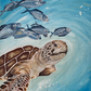 Sea Turtle with Silver Fish, acrylic on board. Size: 61cm x 44cm