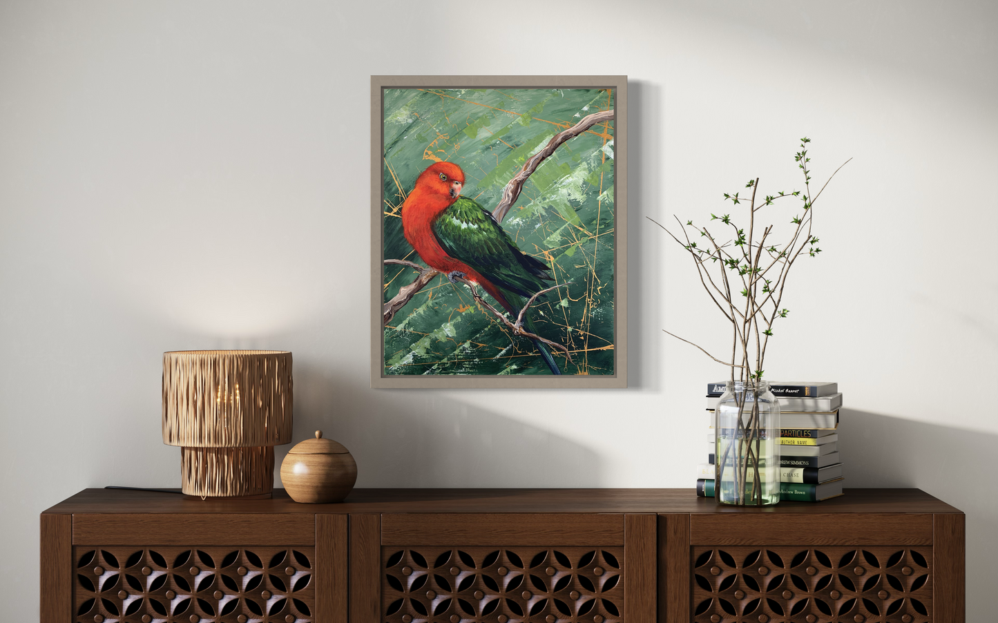 SOLD Red King Parrot, acrylic on canvas.