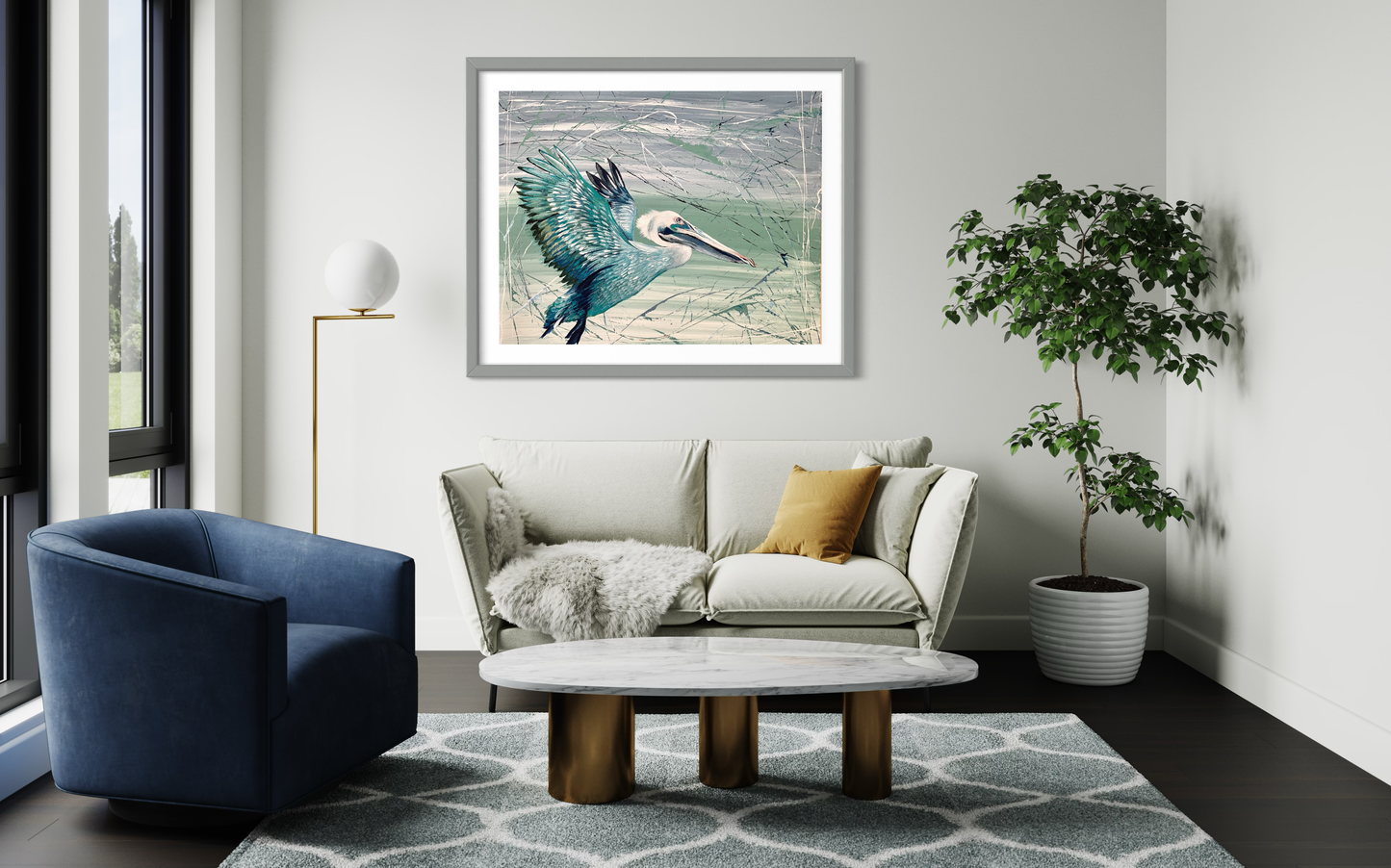 *SOLD - AVAILABLE IN PRINT* Green Pelican in Flight, acrylic on canvas. Size: L 40.6cm x W 50.8cm x H 1.5cm