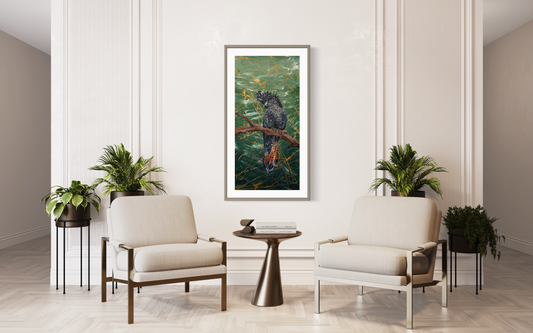 SOLD - Australian Native Red-Tailed female Black Cockatoo. Acrylic on canvas. Size 50cm x 120cm