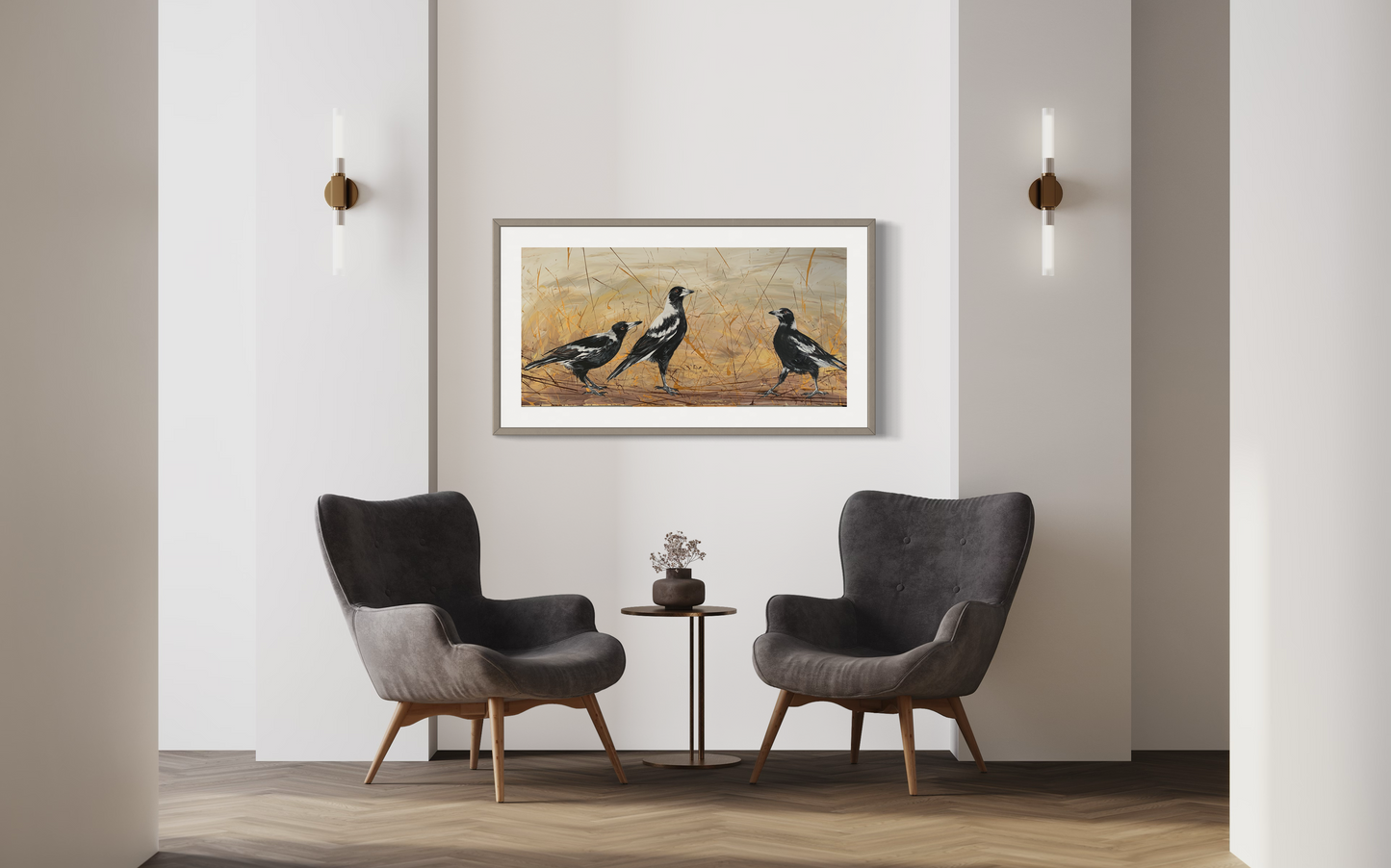 SOLD - Struttin' their Stuff, Panorama of Native Australian Magpies. Acrylic on canvas. Size 50cm x 120cm