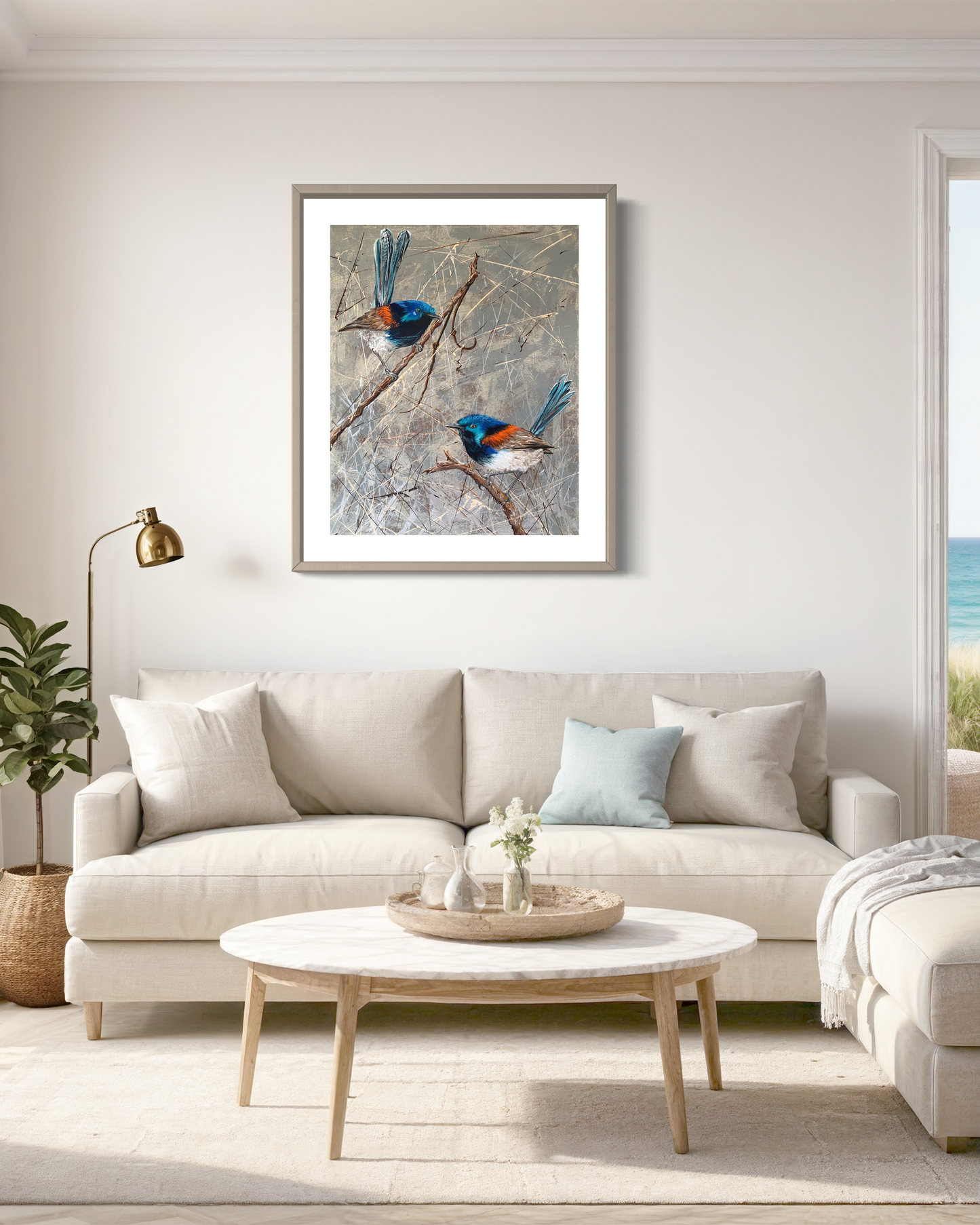 *SOLD* Variegated Fairy Wrens on Silver Background, acrylic on canvas. Size: 76cm x 61cm