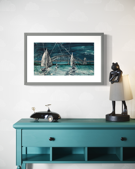 SOLD - Yachts on Sydney Harbour, Panorama. Acrylic on art board. Size 23cm x 40cm