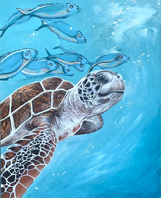 SOLD Green Sea Turtle with Fish, acrylic on canvas. Size: 41cm x 51cm