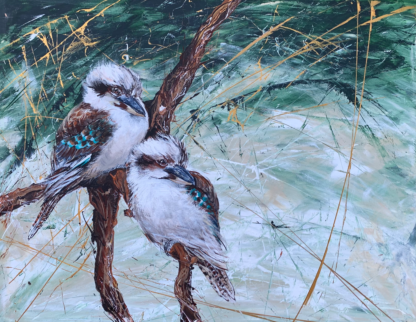 SOLD - Twin Baby Kookaburras, Acrylic on canvas. Size 61cm x 76cm