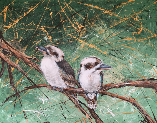 SOLD - Twin Baby Kookaburras 2, acrylic on canvas. Size 61cm x 76cm