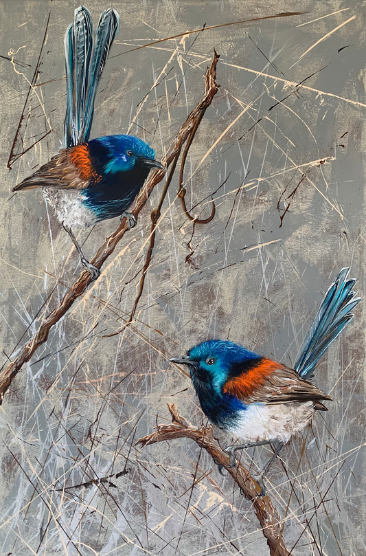 *SOLD* Variegated Fairy Wrens on Silver Background, acrylic on canvas. Size: 76cm x 61cm