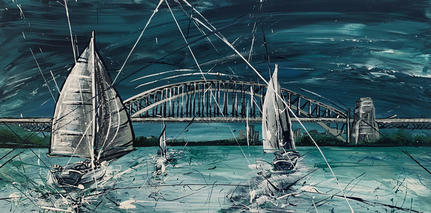 SOLD - Yachts on Sydney Harbour, Panorama. Acrylic on art board. Size 23cm x 40cm